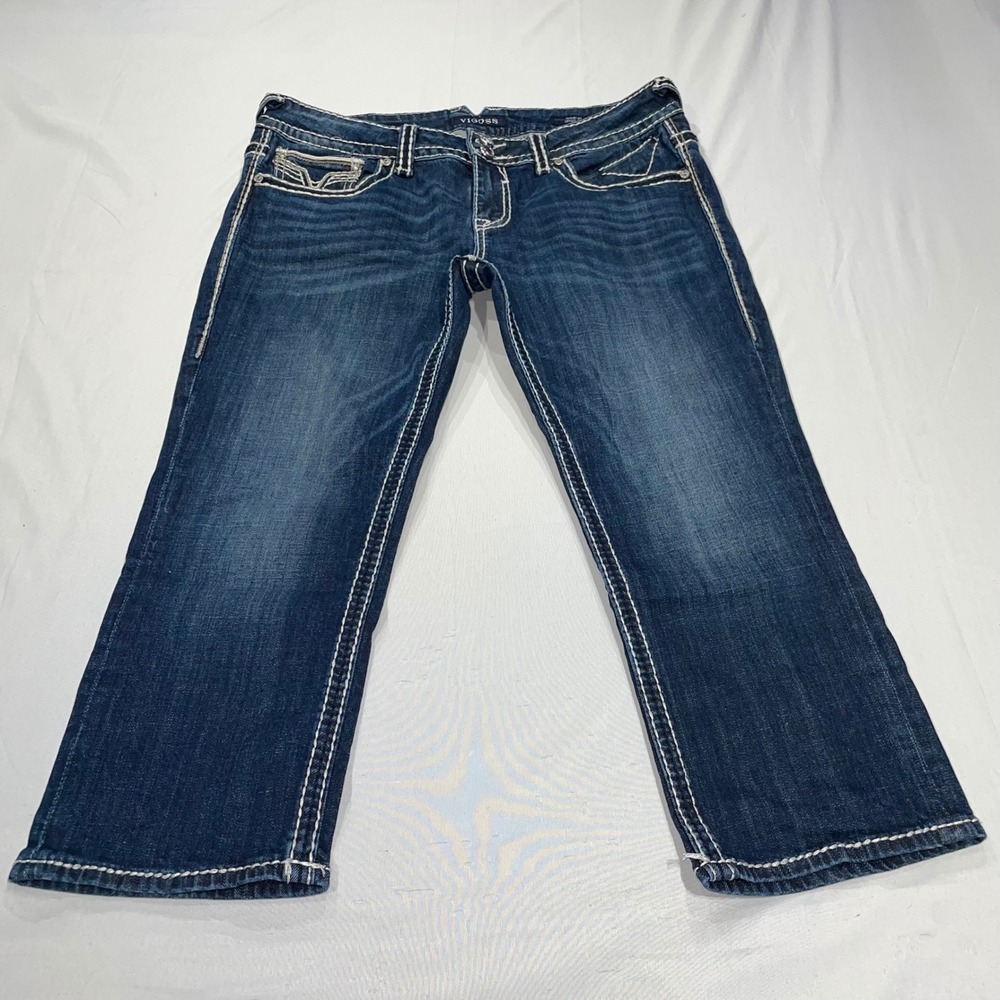 Vigoss Dublin Capri Jeans Dark Wash Thick Stitch Rhinestone Womens Size 31x21